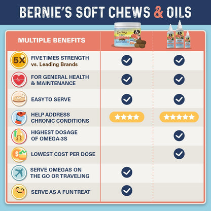 Bernie's OMG! Omegas Chews for Dogs - 5X Extra Strength DHA+EPA, Fish Oil, Healthy Skin & Coat, Allergy Relief, Joint Supplement (Pork Flavour)