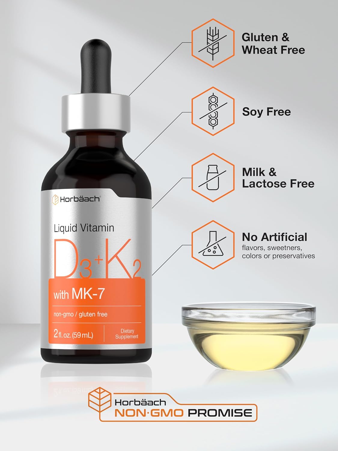 Horbäach Vitamin D3 & K2 Liquid Drops | with MK-7 | 60 ml | Vegetarian, Non-GMO, Gluten-free Food Supplement - görsel 5