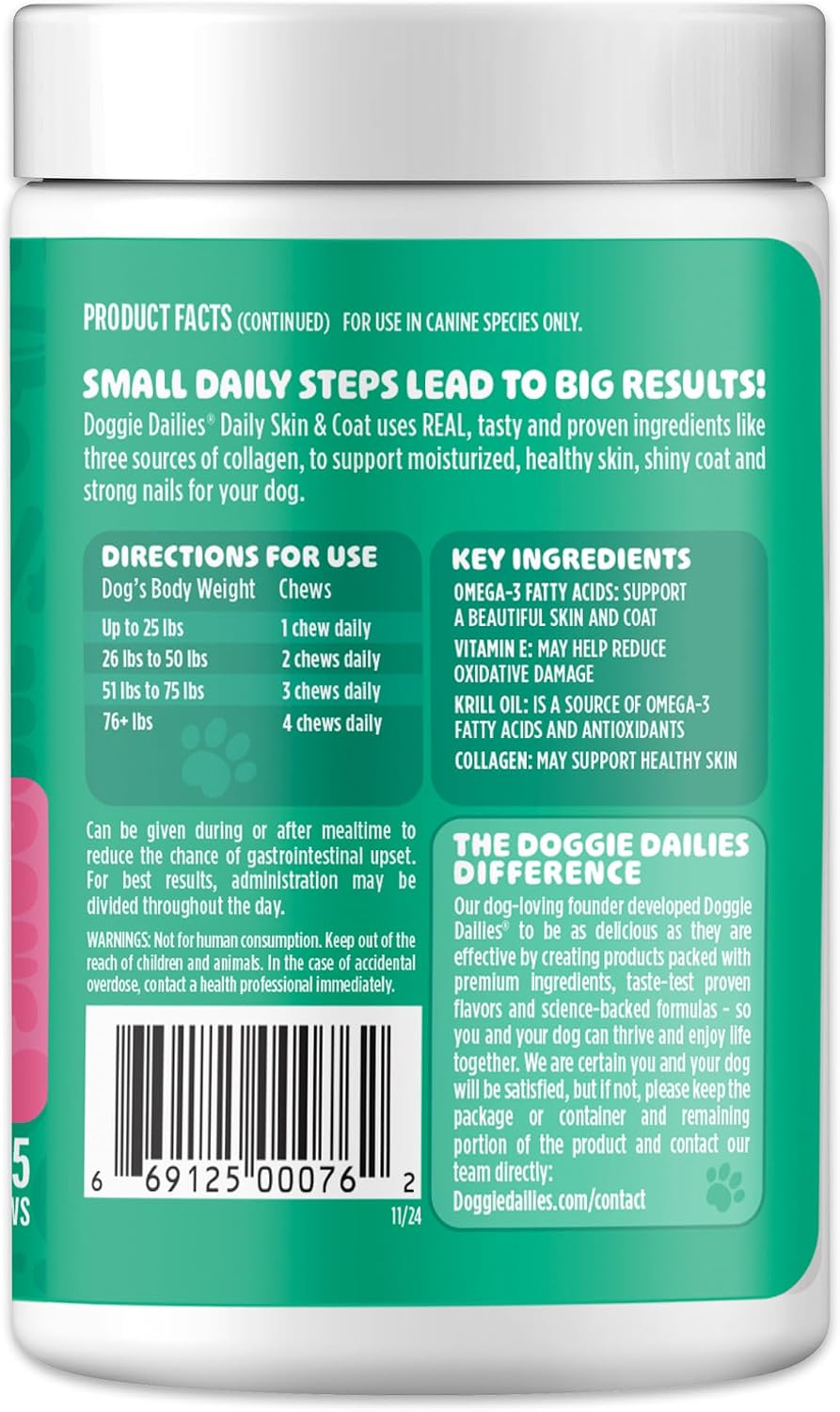 Doggie Dailies Skin & Coat Supplement for Dogs – Salmon Oil with Collagen, 225 Soft Chews - görsel 10