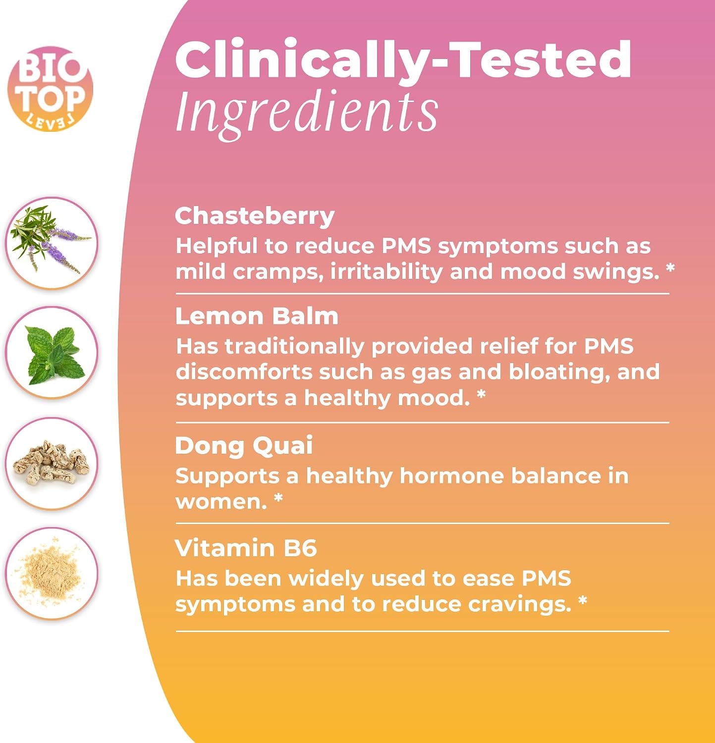 BIOTOPLEVEL PMS Support Supplement – Hormone Balance and Menstrual Relief with Chasteberry, Vitamin B6, Lemon Balm, Dong Quai (30 Vegan Capsules) - görsel 4