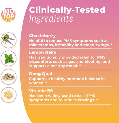 BIOTOPLEVEL PMS Support Supplement – Hormone Balance and Menstrual Relief with Chasteberry, Vitamin B6, Lemon Balm, Dong Quai (30 Vegan Capsules)