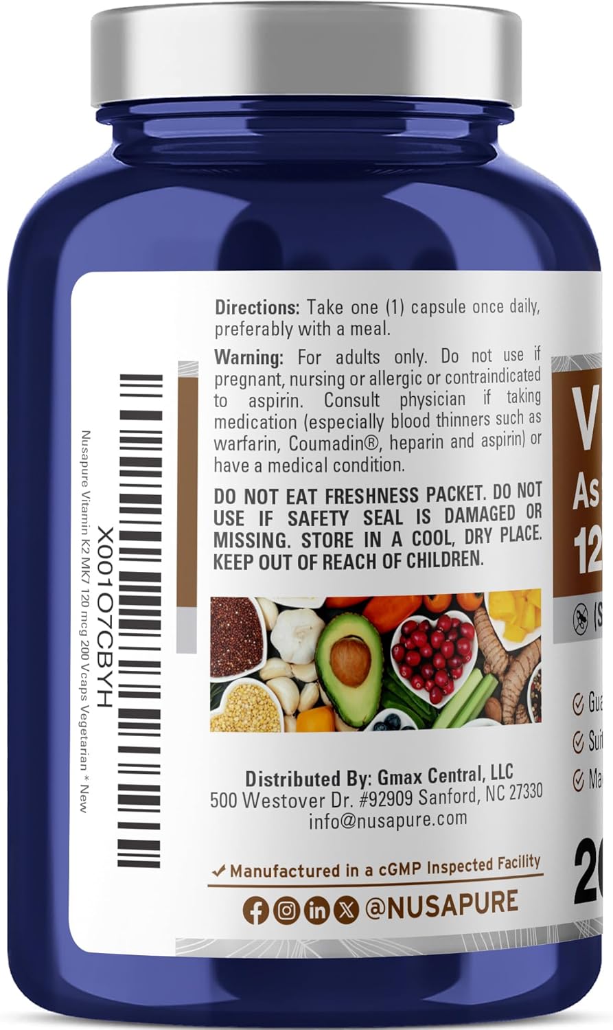 NusaPure Vitamin K2 MK7 120 mcg 200 Veggie Caps (Soya-free, Non-GM, Vegan) - görsel 3
