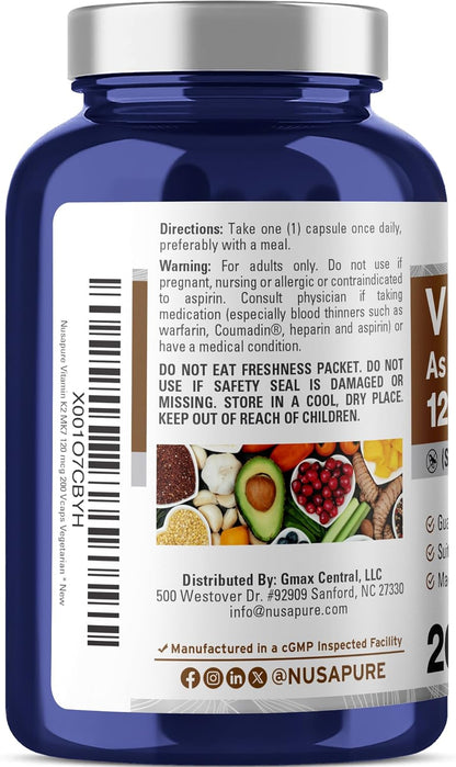 NusaPure Vitamin K2 MK7 120 mcg 200 Veggie Caps (Soya-free, Non-GM, Vegan)