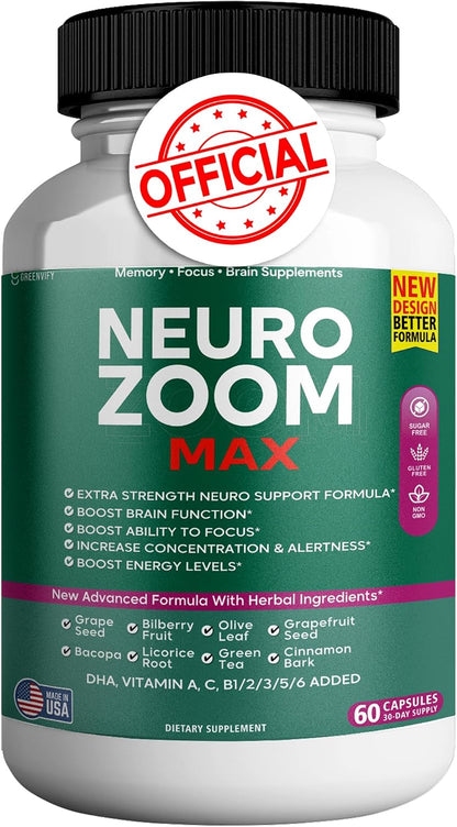 Neuro Zoom Max Extra Strength Brain Support with Herbal Ingredients, 60 Capsules