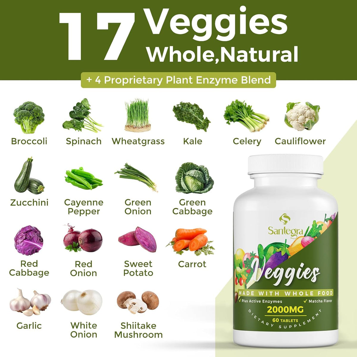 Santegra 2000 mg Fruit and Veg Supplement, 35+ Fruits and Vegetables, 100% Whole Food Superfoods, Natural Vitamins for Women and Men, Sugar-free, Gluten-free, Vegan, 120 Tablets - görsel 4