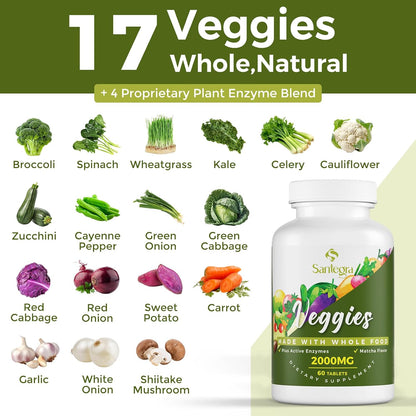 Santegra 2000 mg Fruit and Veg Supplement, 35+ Fruits and Vegetables, 100% Whole Food Superfoods, Natural Vitamins for Women and Men, Sugar-free, Gluten-free, Vegan, 120 Tablets
