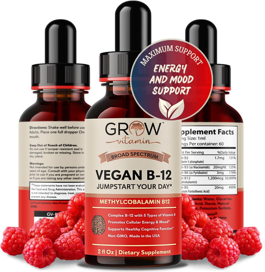 Vegan B12 Complex Liquid Sublingual Drops - Premium Methylcobalamin Supplement for Energy, Mood, Immune Support and Healthy Hair, Skin & Nails