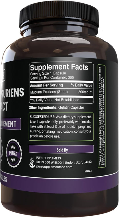Pure Original Ingredients Mucuna Pruriens (365 Capsules) - No Fillers, Lab Verified