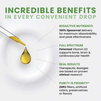 Pure Therapro Rx Ultimate K2 Supplement - Liquid Liposomal Vitamin K2 Drops - 600mcg MK4 & MenaQ7 MK7 - 10 mL (90 Servings)