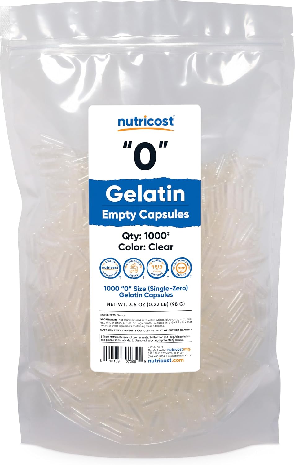 Nutricost Empty Gelatin Capsules Size 0 - 1000 Clear Capsules - görsel 1