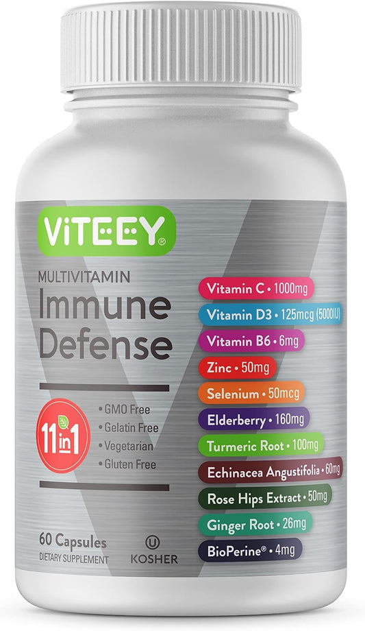 Viteey 11-in-1 Immune Support Supplement with Vitamin D3, C, Zinc, and Elderberry (60 Capsules)