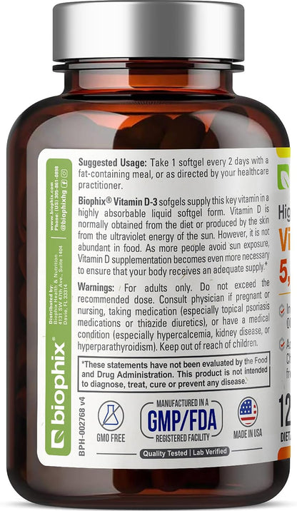 Biophix Vitamin D3 5000 IU Softgels - 120 Count, High Potency with Extra Virgin Olive Oil, Non-GMO, Soya-free