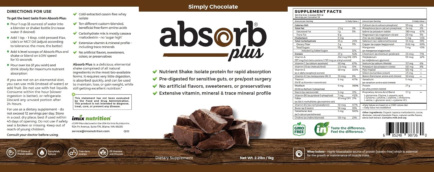 Absorb Plus Isolate Protein - Food Supplement for Improved Gut Health, Additional Nutritional Support, Non-GMO, Gluten-Free, Lactose-Free, Casein-Free (1 kg, Simply Chocolate) - görsel 4