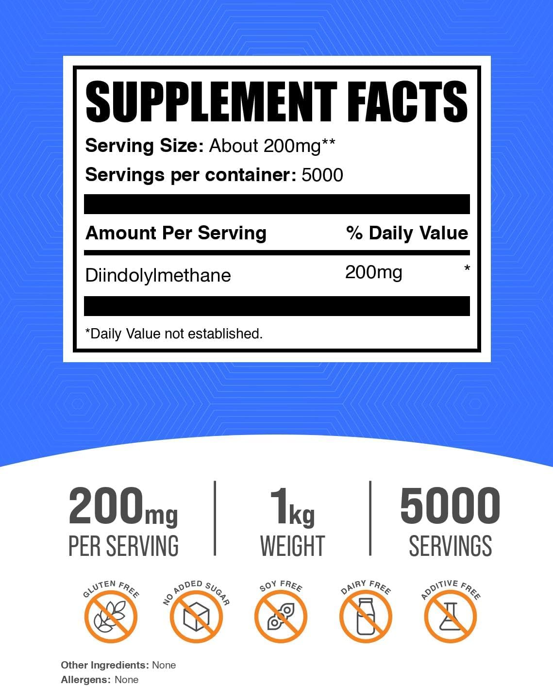 BulkSupplements.com DIM Powder - Diindolylmethane Supplement, 200mg per Serving, 1kg, Unflavoured - görsel 2