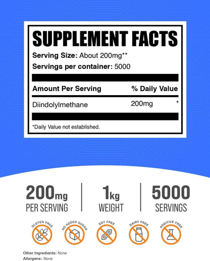 BulkSupplements.com DIM Powder - Diindolylmethane Supplement, 200mg per Serving, 1kg, Unflavoured