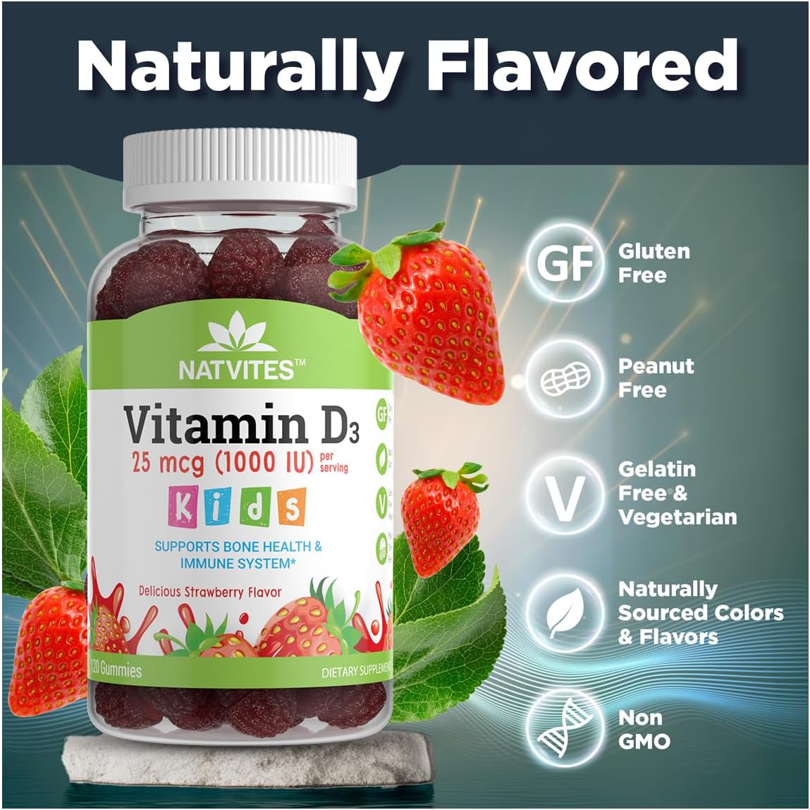 Vitamin D3 Gummies for Kids – 1000 IU – Strawberry – Bone Health & Immune Support – 120 Count - görsel 5