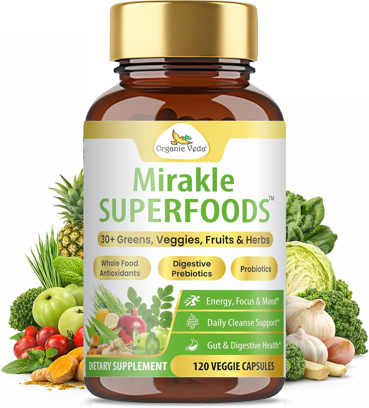 Organic Veda Mirakle Superfoods - Mixed Greens, Vegetables, Super Fruits & Antioxidants Food Supplement with Probiotics, 120 Capsules - görsel 1