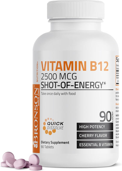 Bronson Vitamin B12 2500mcg Sublingual Tablets - Cherry Flavoured Fast Dissolve - 180 Tablets