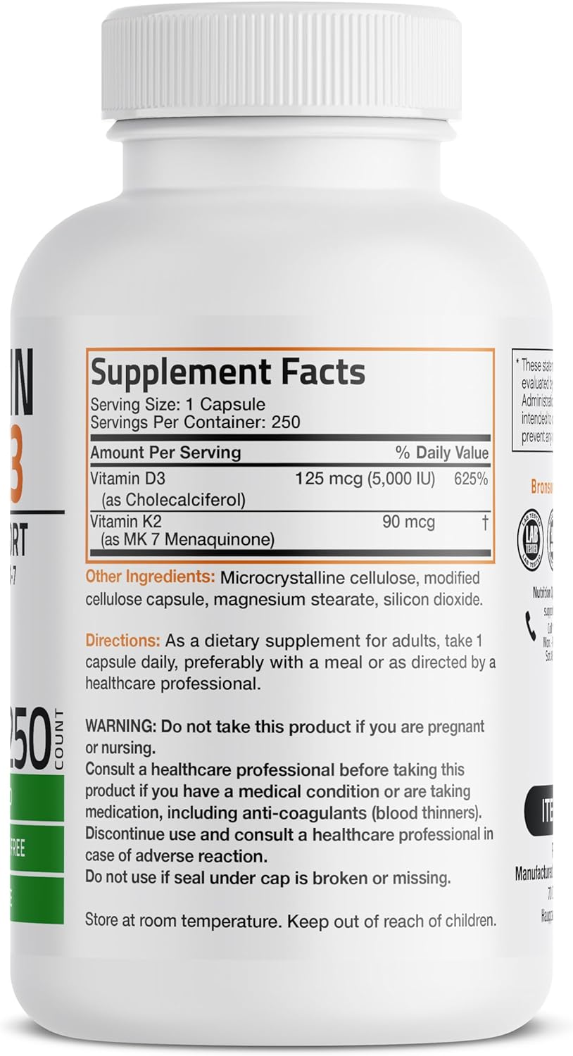 Bronson Vitamin D3 5000IU & K2 MK-7 Supplement - 250 Capsules - görsel 2