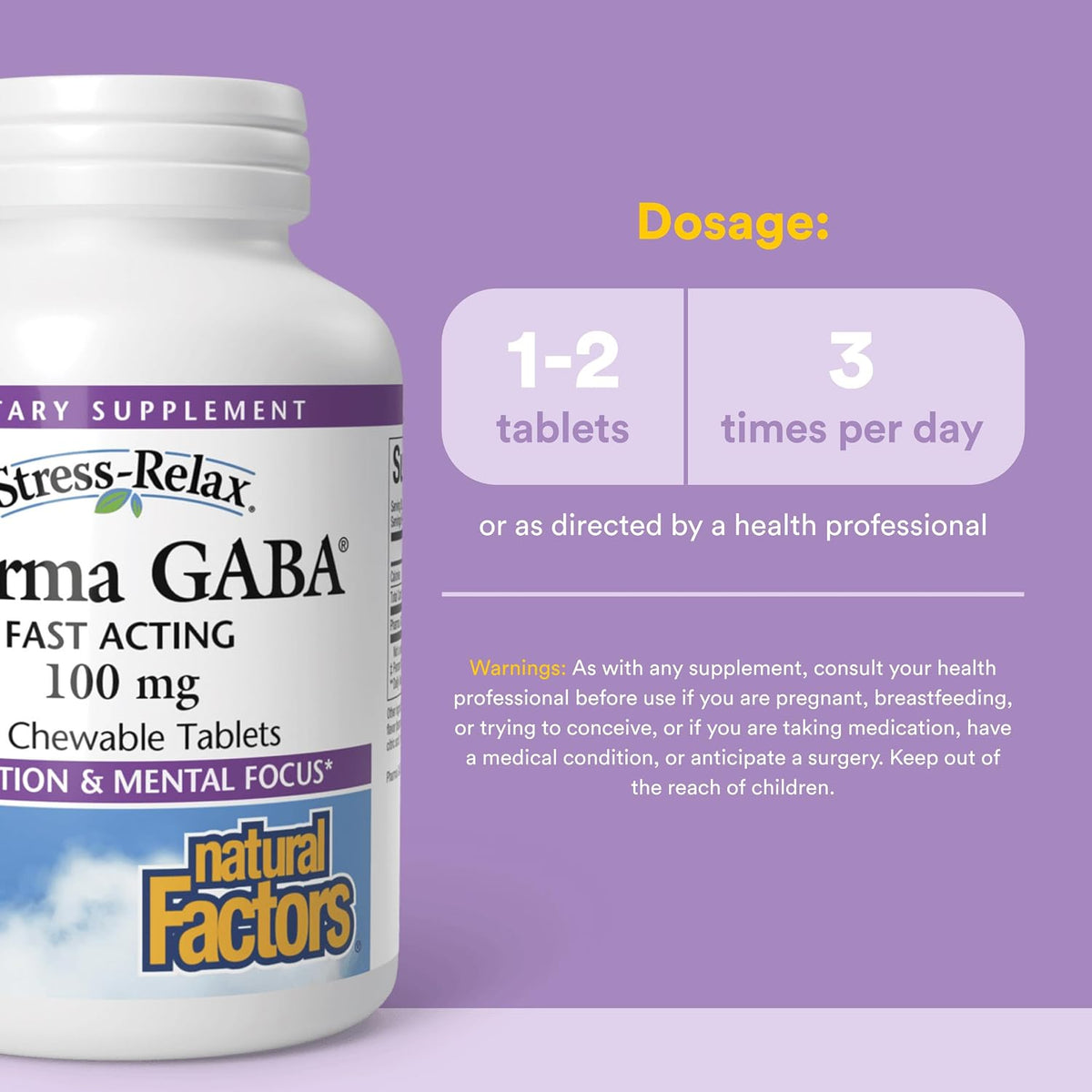 Natural Factors Pharma GABA - Food Supplement for Calm Sleep & Focus - 60 Chewable Tablets - görsel 3