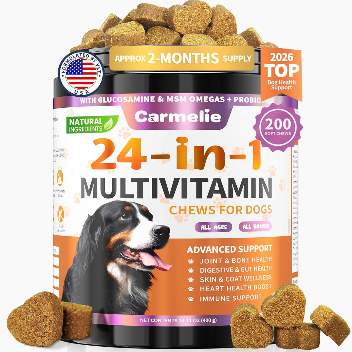 Dog Vitamins, 24 in 1 Dog Vitamins and Supplements, 200 Chews with Glucosamine Probiotics Omega-3 Puppy Multivitamins Chewable for Hip and Joint, Skin and Coat, Immune Health, Digestive Health (Chicken) - görsel 1
