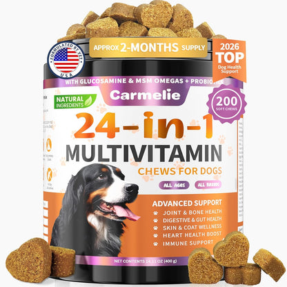 Dog Vitamins, 24 in 1 Dog Vitamins and Supplements, 200 Chews with Glucosamine Probiotics Omega-3 Puppy Multivitamins Chewable for Hip and Joint, Skin and Coat, Immune Health, Digestive Health (Chicken)