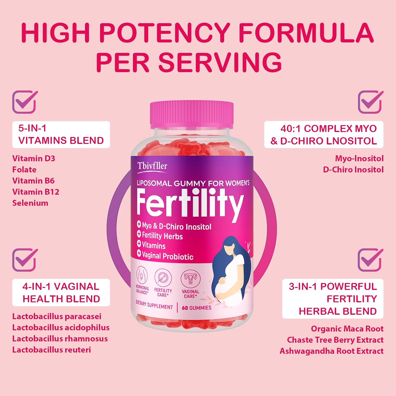 Fertility Supplements for Women with Myo-Inositol & D-Chiro Inositol, Folate, and Herbs – Prenatal Gummies (Raspberry) - görsel 2