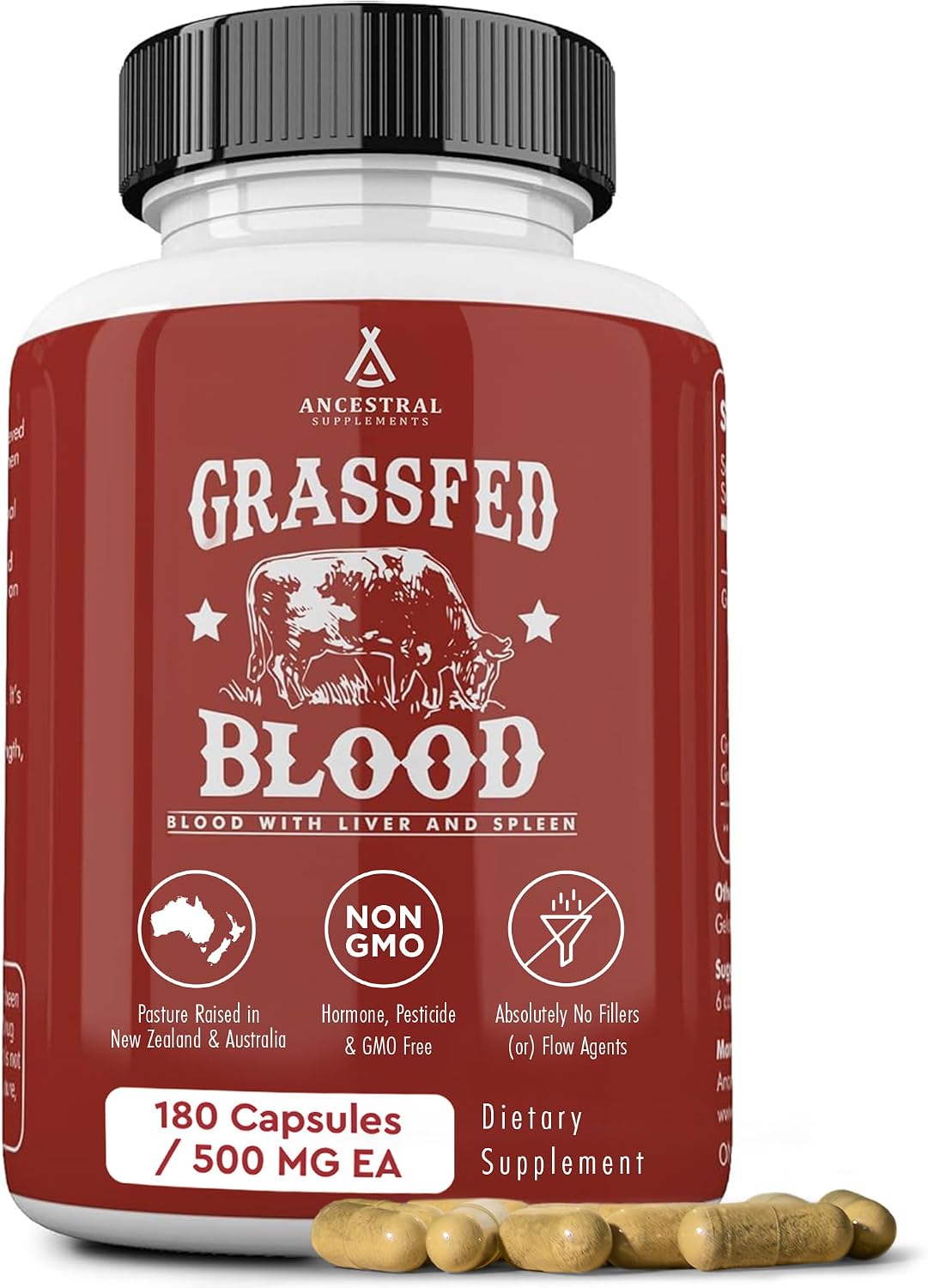 Ancestral Supplements Grass Fed Blood, Liver and Spleen Formula, 500mg, 180 Capsules - görsel 1