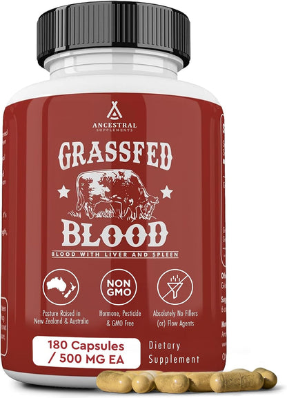 Ancestral Supplements Grass Fed Blood, Liver and Spleen Formula, 500mg, 180 Capsules