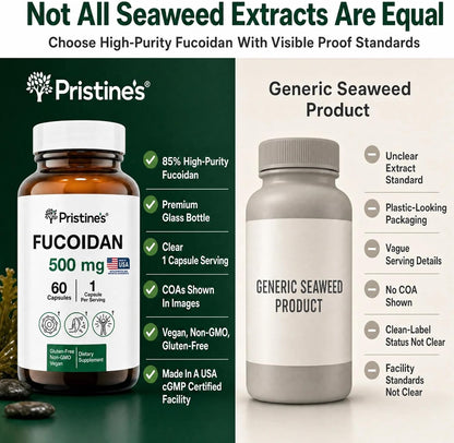 PRISTINE'S Fucoidan 500 mg Food Supplement Capsules – 60-Day Supply – Brown Seaweed Extract – Herbal Antioxidant for Respiratory and Skin Health Support