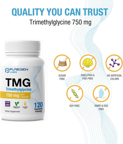 Puregen Labs TMG 750 mg – High Potency Trimethylglycine Supplement – Supports Normal Homocysteine Metabolism – Non-GMO, Gluten & Dairy-free – 60 Vegetarian Capsules