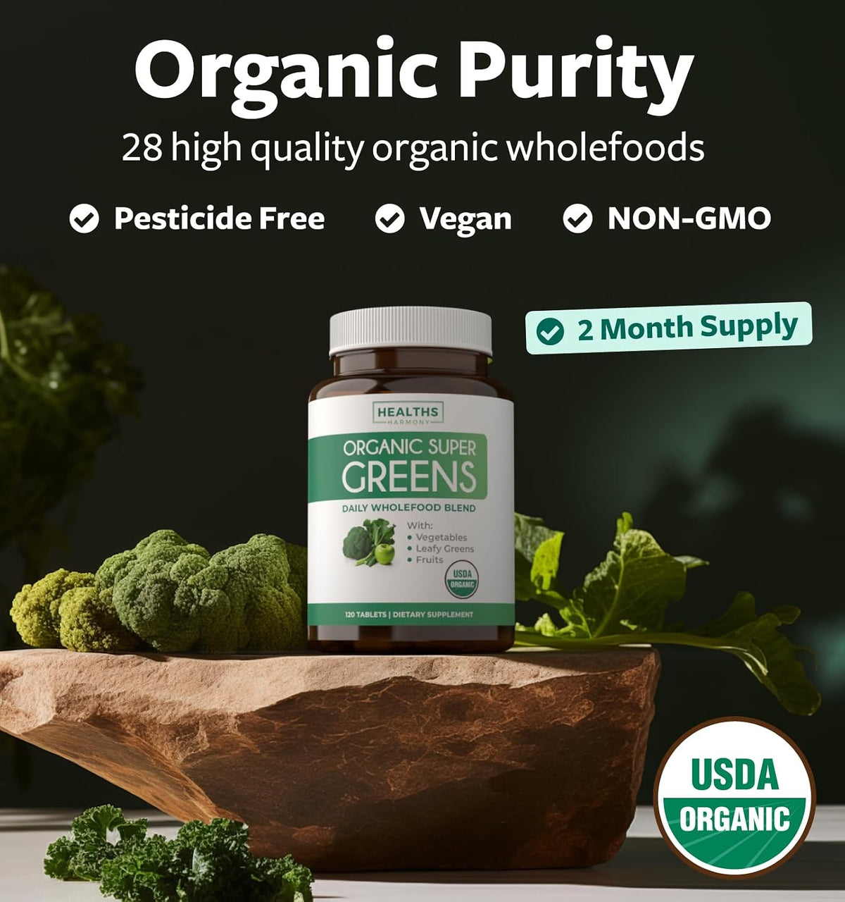 USDA Organic Super Greens Supplement – 28 Superfood Complex, Vegan & Non-GMO Tablets (Up to 2 Month Supply) - görsel 3