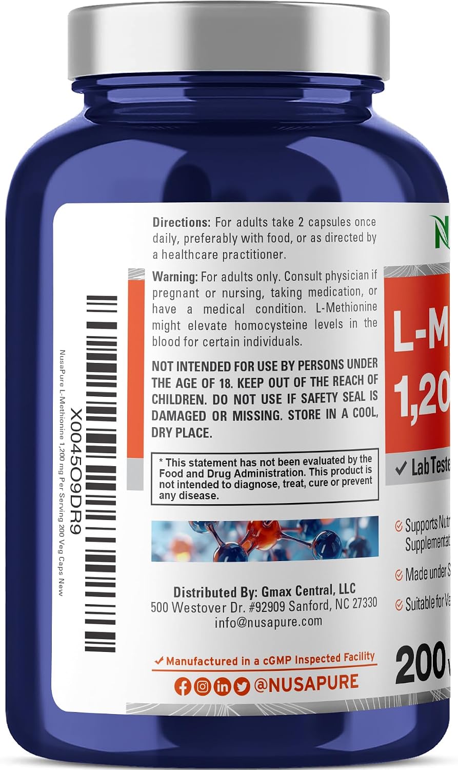 NusaPure L-Methionine 1200mg - 200 Capsules - Non-GMO & Vegan - görsel 3