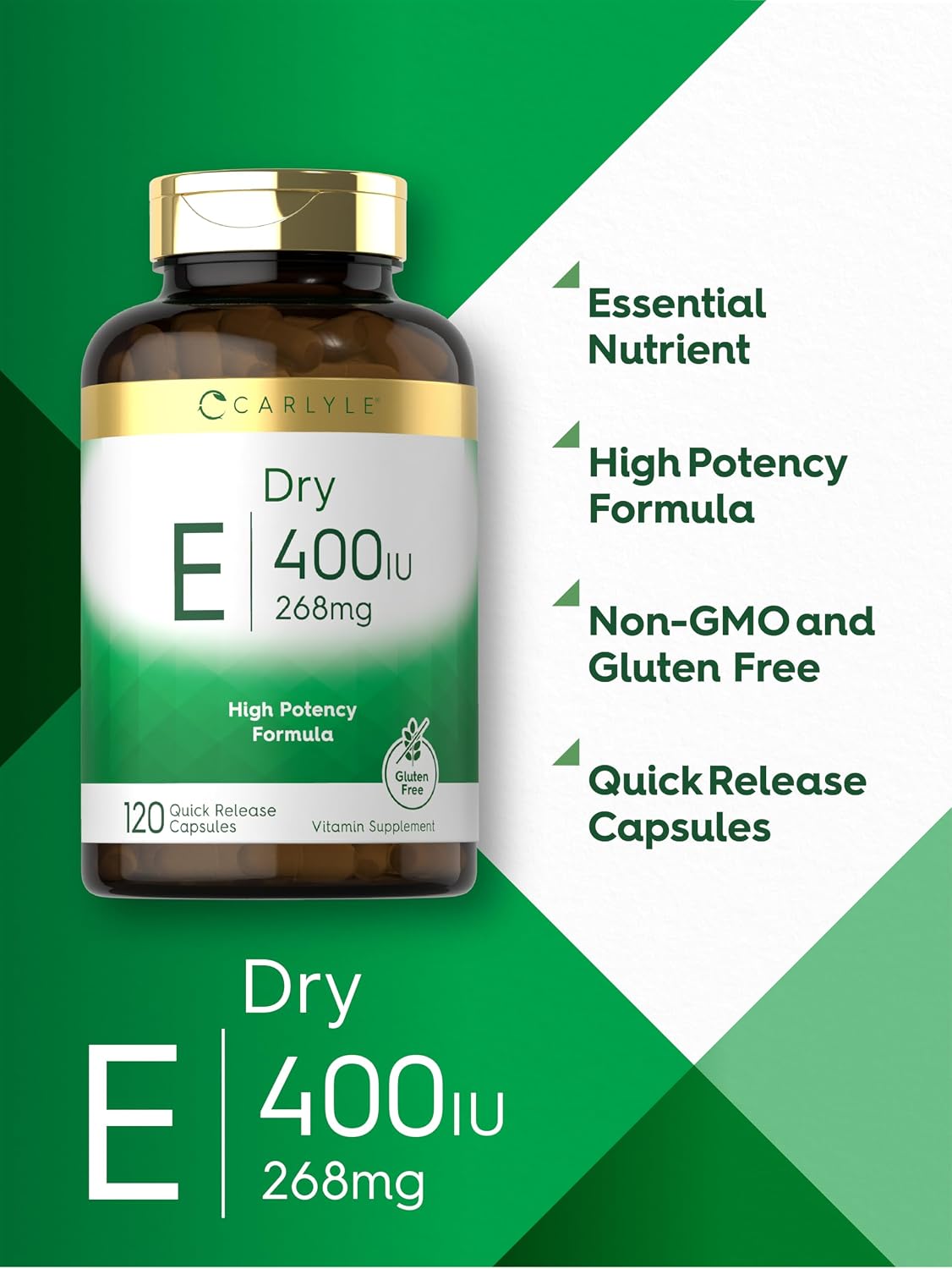 Carlyle Dry Vitamin E 400 IU, 120 Capsules – Natural D-Alpha Tocopheryl, Non-GMO, Gluten-free - görsel 4