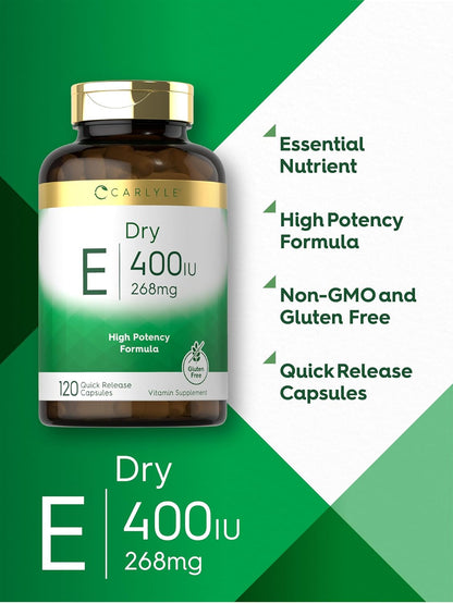 Carlyle Dry Vitamin E 400 IU, 120 Capsules – Natural D-Alpha Tocopheryl, Non-GMO, Gluten-free