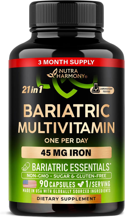 Bariatric Multivitamin - 45 mg Iron Supplement - Lab Tested - for Women and Men - All-in-One, 21 Essential Vitamins - Gastric Sleeve Support - Free of Sugar, Gluten and Soya - 90 Capsules, Once Daily