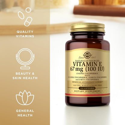 Solgar Vitamin E 67 mg (100 IU) - 100 Softgels, Pack of 2 - Natural Antioxidant Support - Gluten & Dairy-free