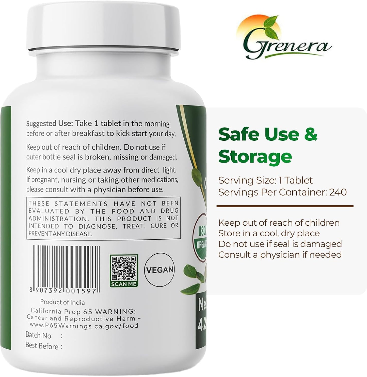 Grenera Organic Moringa Tablets – USDA Organic, 500mg, 240 Tablets - görsel 9