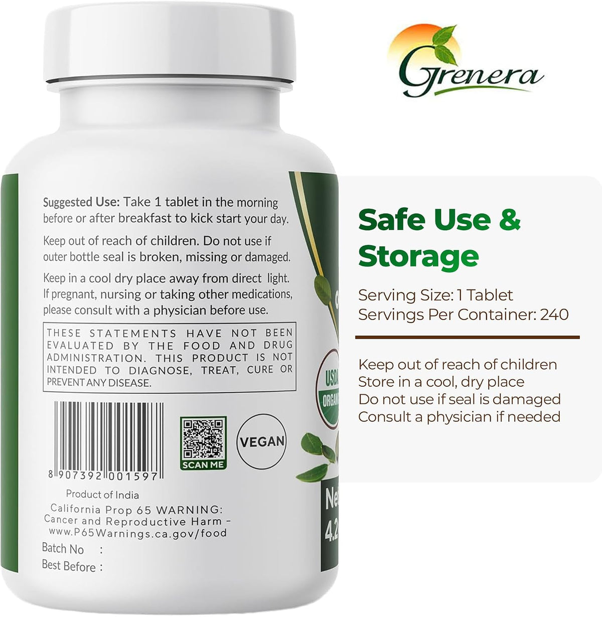 Grenera Organic Moringa Tablets – USDA Organic, 500mg, 240 Tablets - görsel 9