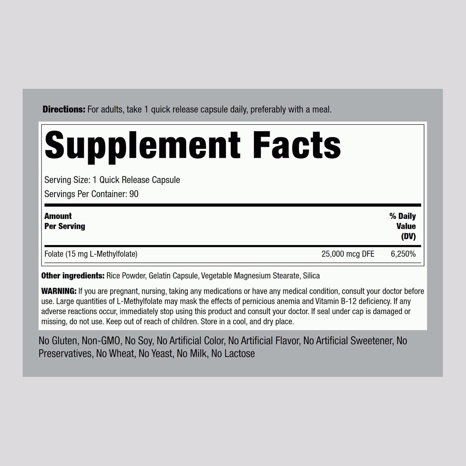 Piping Rock L-Methylfolate 15 mg | 90 Capsules | Maximum Strength | Bioactive Folate Supplement | Non-GMO, Gluten-free - görsel 2