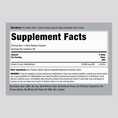 Piping Rock L-Methylfolate 15 mg | 90 Capsules | Maximum Strength | Bioactive Folate Supplement | Non-GMO, Gluten-free