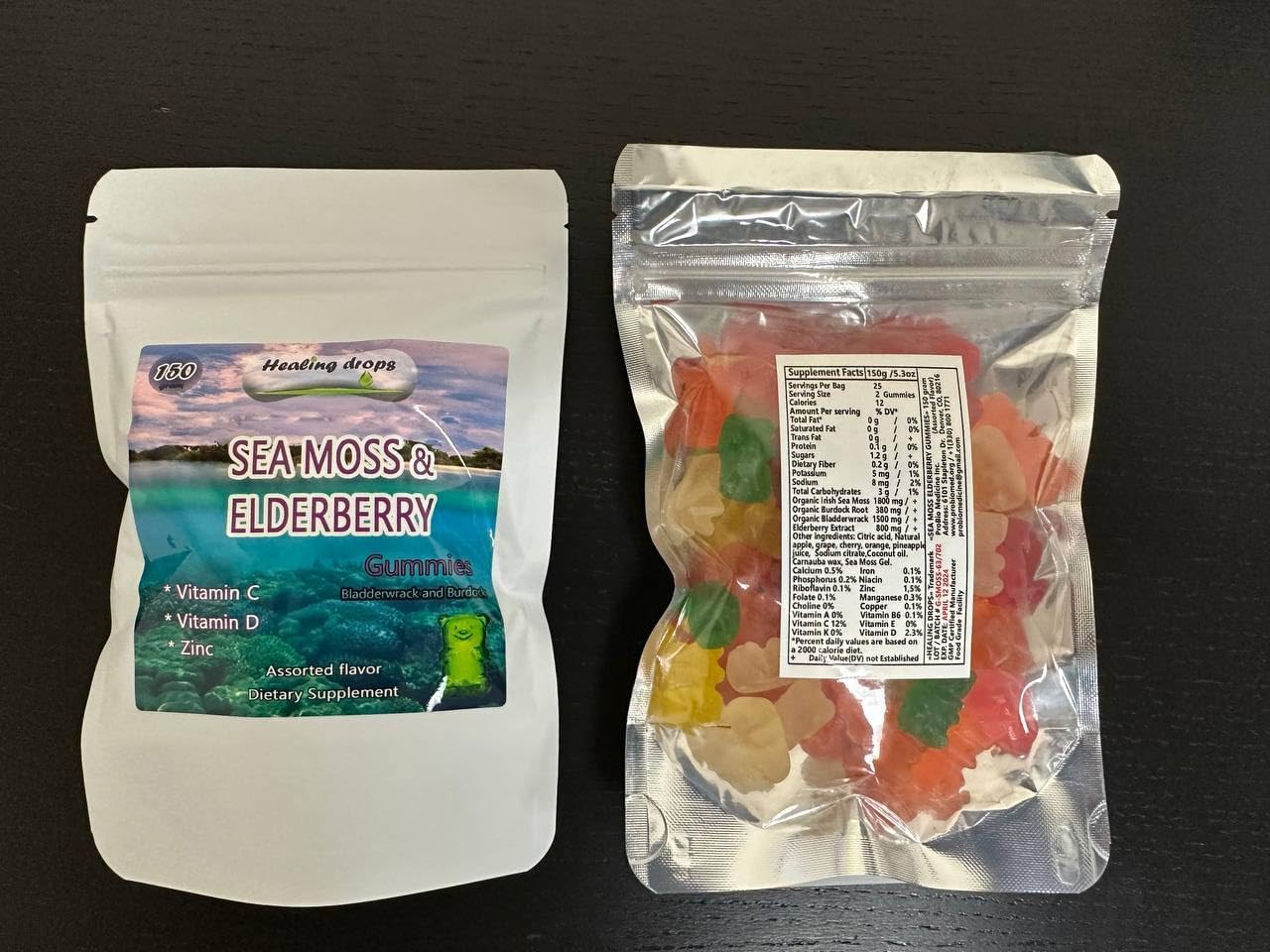 HEALING DROPS Irish Sea Moss Gummies – Organic Wildcrafted Sun-Dried Sea Moss with Bladderwrack & Burdock Root (Elderberry-Mix) - görsel 8