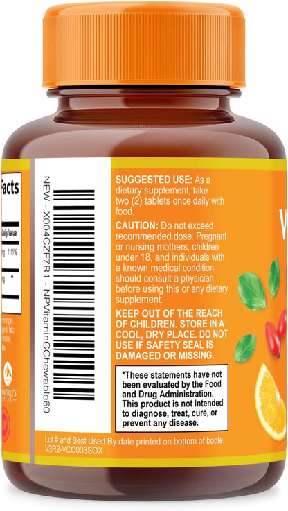Vitamin C 1000mg per Serving – Extra Strength Chewable with Rose Hips – Sugar Free Orange Flavour – 60 Tablets