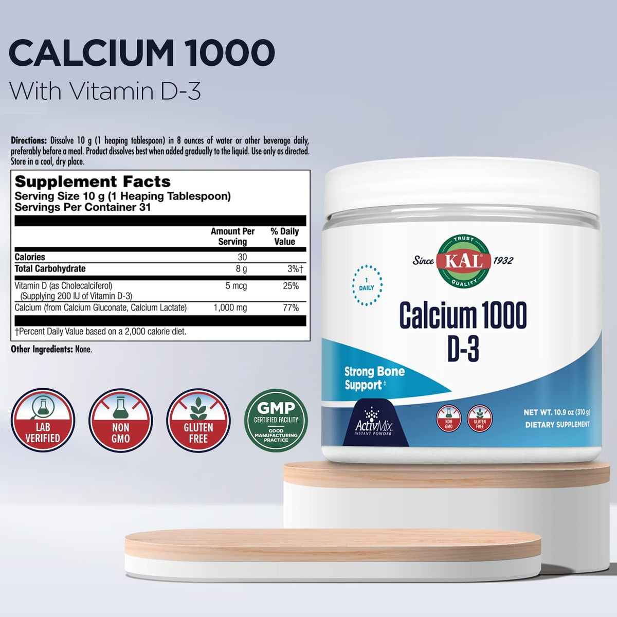 KAL Calcium Vitamin D-3 ActivMix Powder - Bioavailable Calcium Support, Unflavoured, 31 Servings - görsel 2
