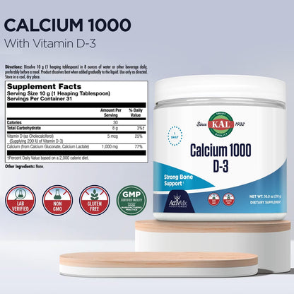 KAL Calcium Vitamin D-3 ActivMix Powder - Bioavailable Calcium Support, Unflavoured, 31 Servings