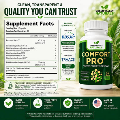 ComfortPro™ Daily Probiotics for Digestive Health | Supports Regularity & Reduces Wind | Gut Cleanse with Zinc | Non-GMO | Valley Formula