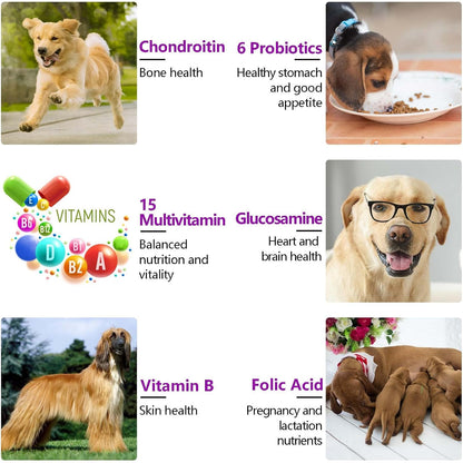 Dog Multivitamin Chewable, Dog Daily Vitamins and Supplements, 15-in-1 Complete Daily Supplement with Glucosamine & Probiotics – Duck Flavour, 150 Chews