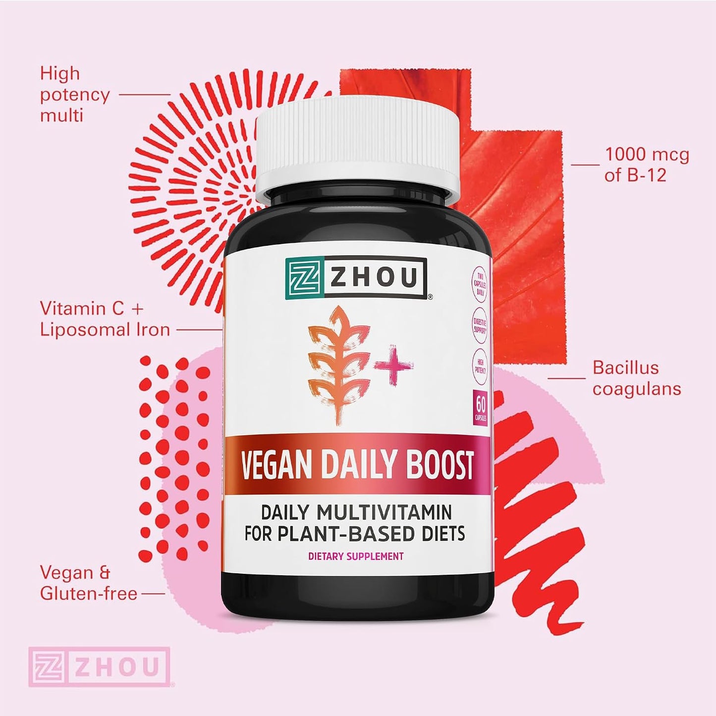 Zhou Vegan Multivitamin for Women and Men – Daily Supplement with Iron, Zinc, B12 and DHA – 60 Vegan Capsules - görsel 5