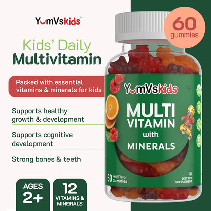 YumVs Kids Multivitamin Gummies - Fruit Flavoured Chewable Multivitamin with Vitamins A, C, D3, E, B6, B12, and Minerals - 60 Count