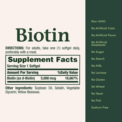 Nature's Bounty Biotin 5000 mcg Rapid Release Softgels – Contributes to Normal Energy Metabolism and Maintenance of Normal Hair, Skin and Nails